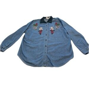 Womens Large  Denim LS Embroider Button Holiday Cardinal Shirt Top Bobbie Brooks